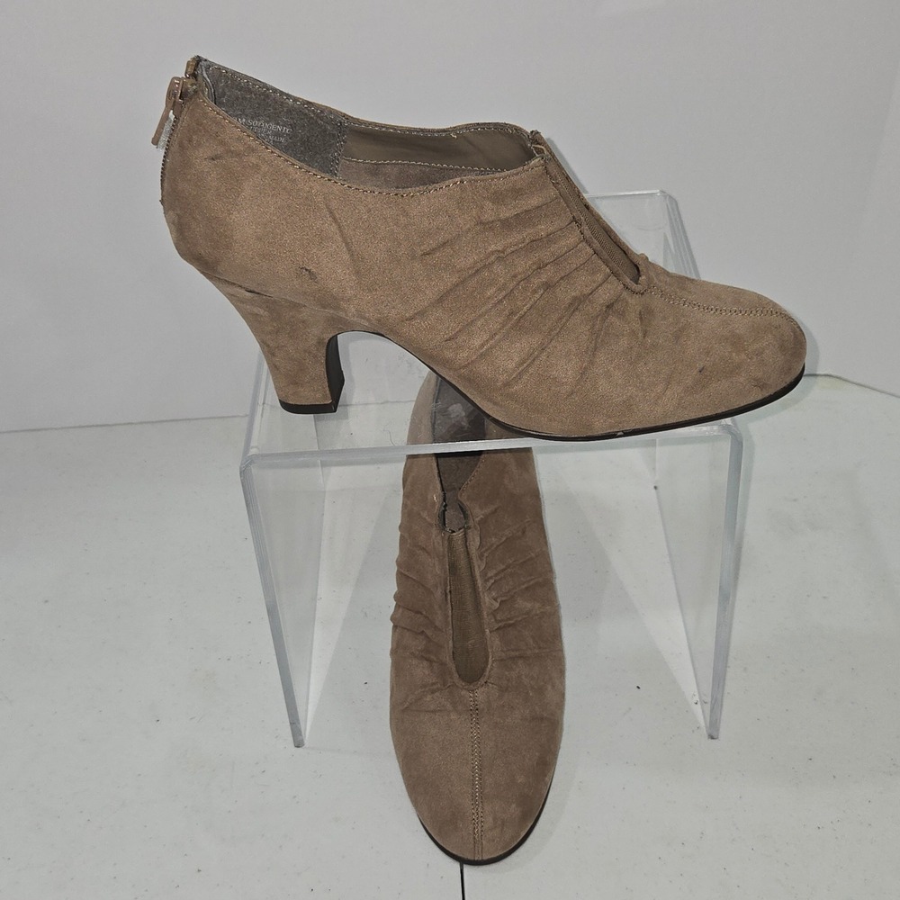 Aerosoles Womens 10 Taupe Brown Faux Suede Ruched Heeled Ankle Boots AC433